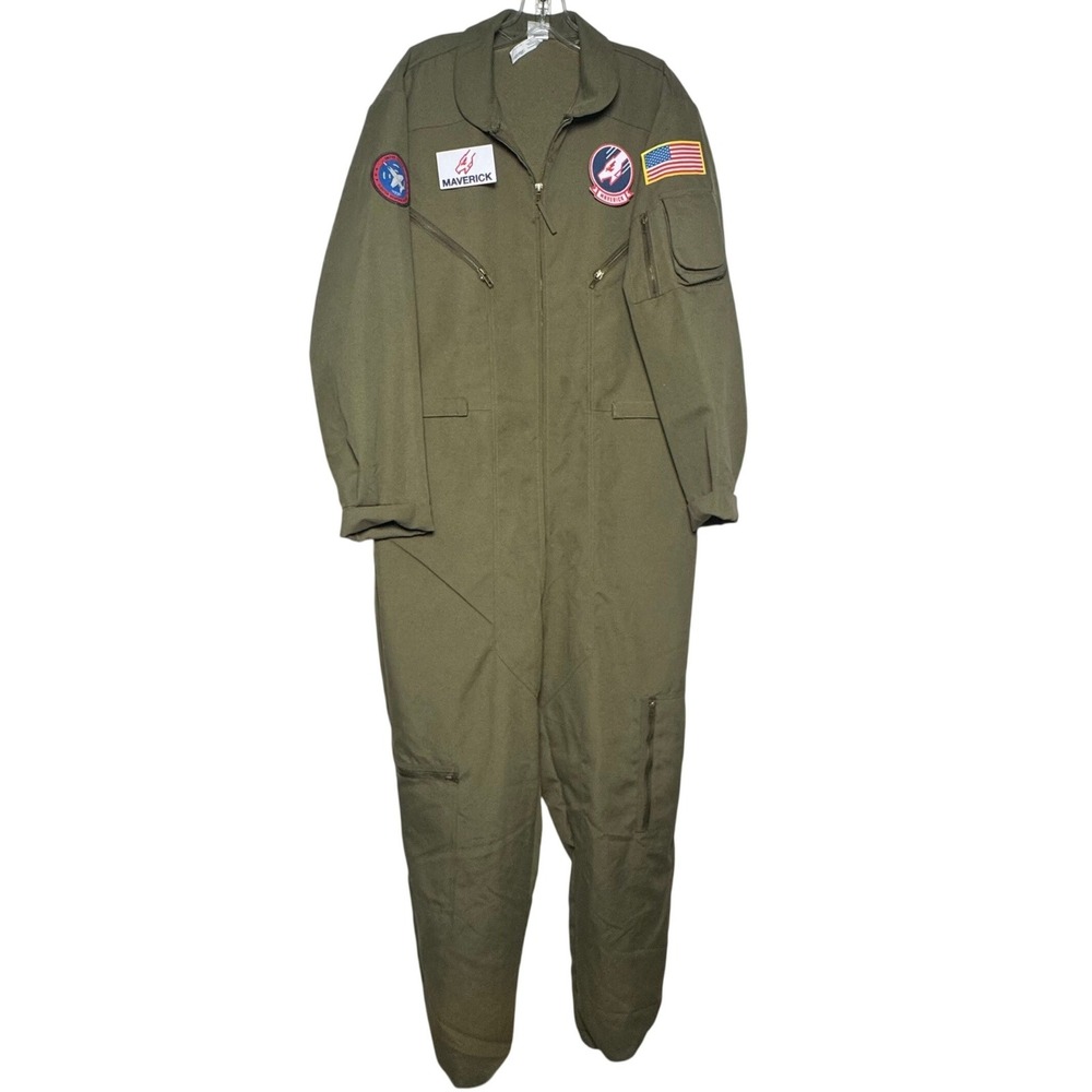 Top Gun Maverick Flight Suit Costume Mens Olive Green Pilot Jumpsuit Patches